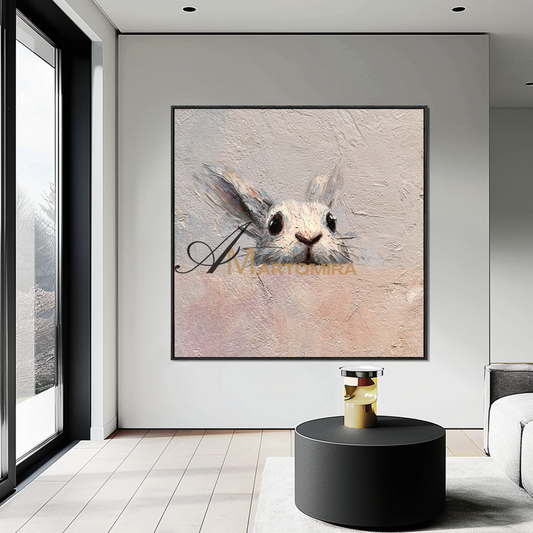 Kaninchenbild | Tiergemälde | Rosa Wandbild | Großes Tierbild auf Leinwand | Acrylfarbe #CA085