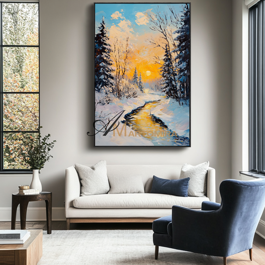 Landscape Wall Art | Snow Scene | Sunset Forest Painting | Snowy Landscape Art | Landscape Wall Art For Living Room #CL093