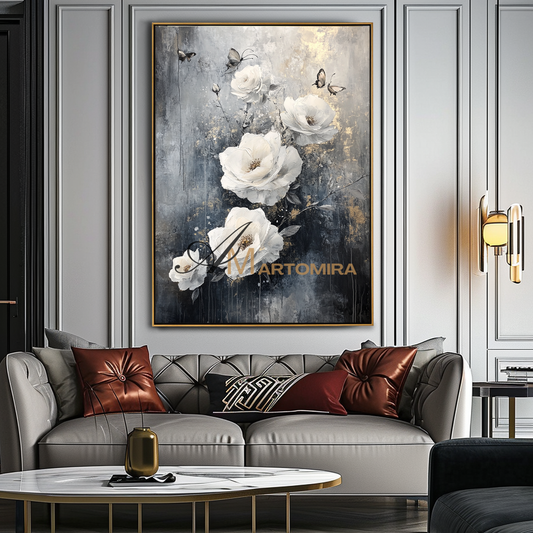 Decorazione da parete floreale in bianco e nero con rose bianche scolpite
