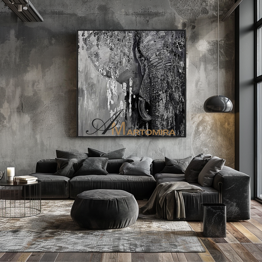 Tiergemälde | Abstraktes Elefantengemälde | Großformatiges Wandbild in Schwarz-Weiß #MF082
