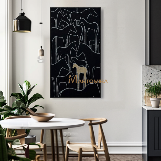 Wandbild mit Pferd | Abstrakte geometrische Kunst | Moderne Wohnzimmer-Wanddekoration | Schwarzes Wandbild #MF097