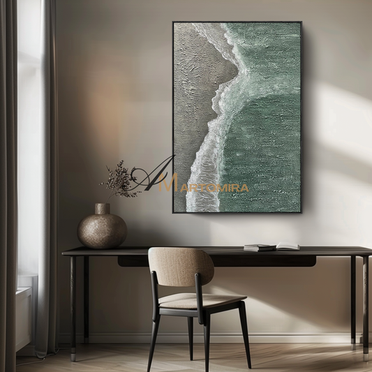 Lukisan Pantai | Lukisan Lanskap Abstrak | Seni Pantai Abstrak Minimalis | Seni Dinding Hijau #MF109