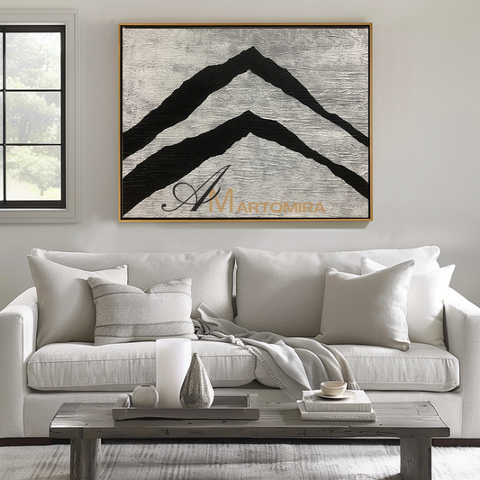 Seni Dinding Bertekstur | Lukisan Abstrak Pegunungan | Seni Dinding Hitam dan Krem | Seni Dinding Dekoratif #MF133