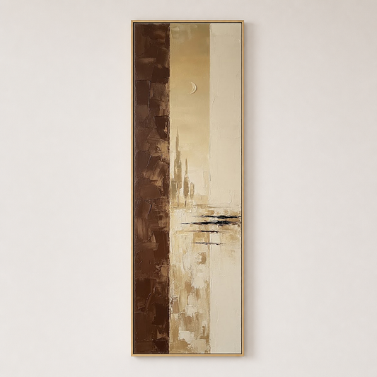 Minimalist Beige Brown Gold Abstract Textured Framed Canvas Wall Art, Vertical Large Size Modern Warm Earthy Tone Impasto Knife Painting for Living Room Bedroom Office Hallway Dining, Soft Moonlit Skyline Scene Artwork