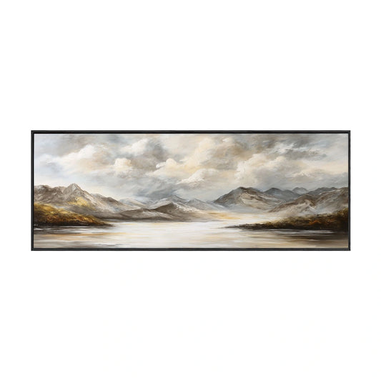 Large Framed Neutral Mountain Lake Landscape Wall Art Cloudy Sky Nature Scenery Canvas Textured Abstracted Earthy Tones Wall Decor for Modern Living Room Bedroom Dining Room Office Hallway