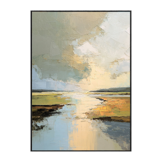 Abstract Landscape Textured Impasto Wall Art, Soft Beige Green Blue White Canvas Painting, Large Calm Nature Scenery Artwork for Living Room Bedroom Office, Modern Minimalist Home Decor Framed or Unframed