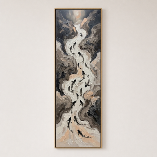 Abstract Koi Fish Stream Vertical Wall Art Textured Impasto Neutral Beige Brown Grey Black Modern Minimalist Canvas for Office Hallway Living Room Bedroom Dining Room