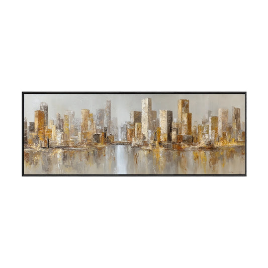 Abstract Modern Urban Cityscape Skyline Wall Art Gold and Grey Textured Panoramic Canvas Painting with River Reflection Elegant Minimalist Decor for Living Room Office Hallway Bedroom Dining Room