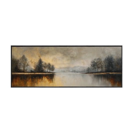 Vintage Landscape Lake Reflection Wall Art Textured Beige Gold Brown Black Framed Panoramic Artwork for Living Room Bedroom Office Dining Hallway Calm Nature Scene with Trees Misty Sky Soft Muted Colors