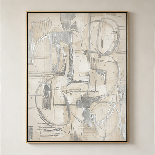 Abstract Beige & Metallic Silver Textured Canvas Art