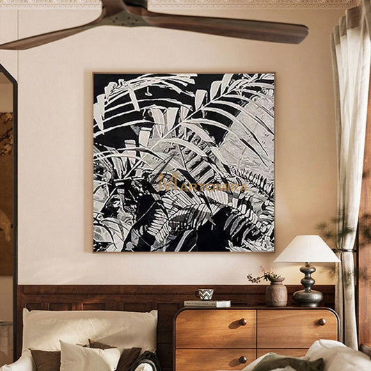 Leaf Painting | Black And White Canvas Art | Abstract Leaf Paintings | Modern Art #MF013
