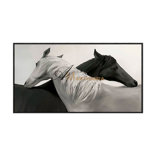 Pferde-Wandbild | Schwarz-Weiß-Leinwandbild | Pferdegemälde auf Leinwand | Großes horizontales Wandbild #MF017