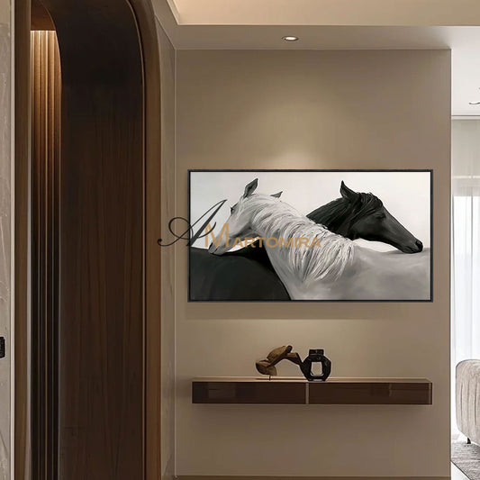 Pferde-Wandbild | Schwarz-Weiß-Leinwandbild | Pferdegemälde auf Leinwand | Großes horizontales Wandbild #MF017