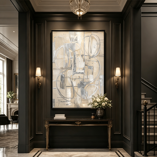 Abstract Beige & Metallic Silver Textured Canvas Art in a luxurious dark hallway