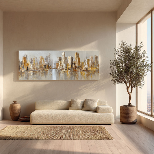 Abstract Modern Urban Cityscape Skyline Wall Art Gold and Grey Textured Panoramic Canvas Painting with River Reflection Elegant Minimalist Decor for Living Room Office Hallway Bedroom Dining Room