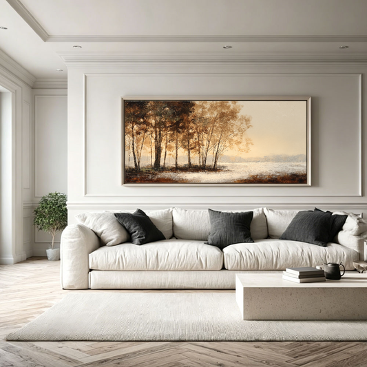 Vintage Muted Brown Beige White Forest Lake Landscape Canvas Wall Art - Framed Panoramic Nature Scene Print for Tranquil Living Room Bedroom Dining Room Office Decor, Textured Earthy Tone Artwork