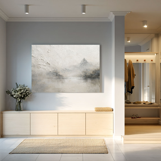 Textured Vintage Neutral Abstract Landscape Wall Art Misty Mountain Lake Scene with Soft Tones, Minimalist Rustic Wall Decor for Living Room Bedroom Office Dining Hallway
