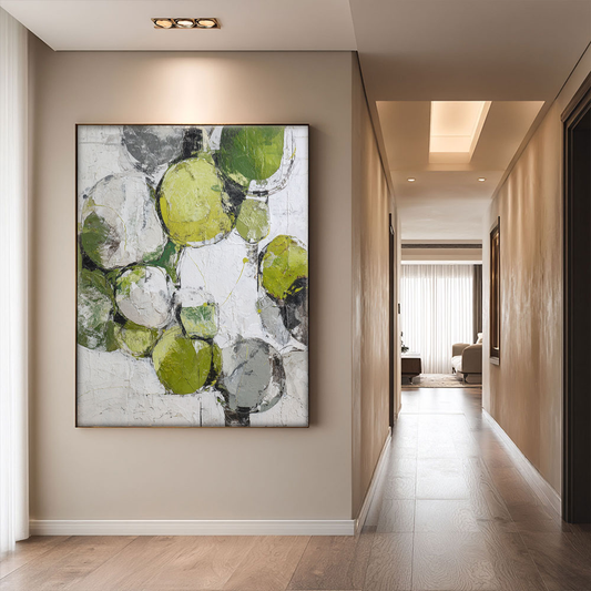 Abstract Green White Grey Geometric Circles Textured Wall Art Modern Minimalist Canvas Artwork for Contemporary Home Interior Decor
