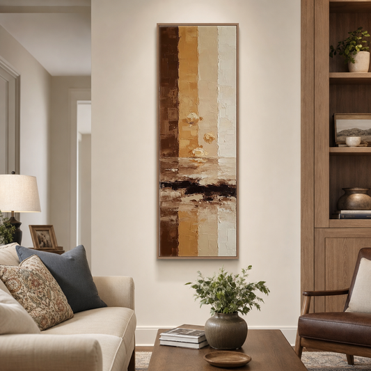 Tall Narrow Vintage Abstract Textured Wall Art Vertical Framed Canvas with Brown Beige Gold White Floral Reflection Blocks for Living Room Bedroom Office Hallway Dining Room Decor