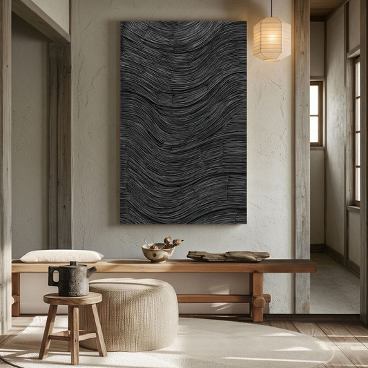 Modern Minimalist Dark Grey Black Abstract Textured 3D Relief Wave Line Wall Art for Office Hallway Living Room Bedroom Dining Room