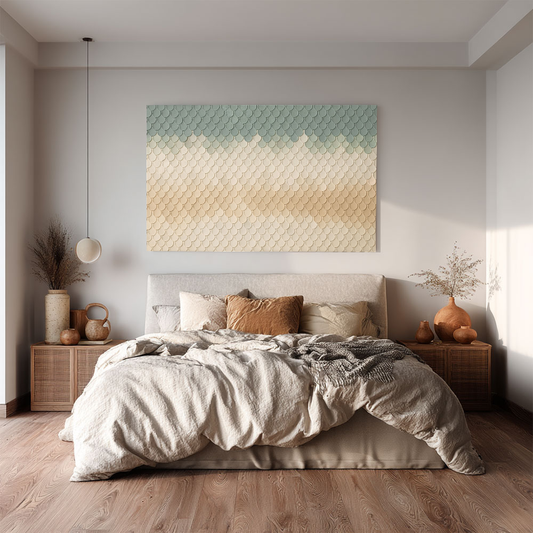 Abstract Green Beige White Gradient Mermaid Scale Pattern Textured Canvas Wall Art, Modern Minimalist Soft Color Block Geometric Framed Artwork for Contemporary Home & Office Interior Decoration