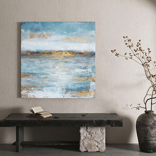 Abstract Blue and Gold Textured Ocean and Sky Canvas Wall Art Modern Minimalist Seascape Painting for Living Room Bedroom Office Dining Hallway Home Decor