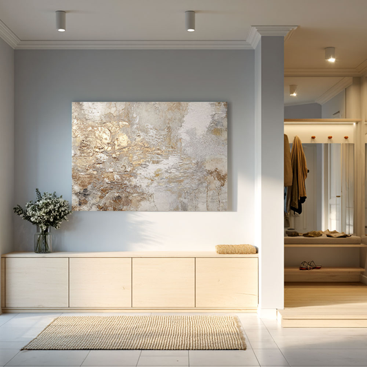 Elegant Neutral Abstract Textured Wall Art Modern Earthy Beige Brown Gold Light Grey Canvas Painting for Contemporary Home Office Decor, Soft Vintage-Inspired Minimalist Landscape Feel with Thick Layered Knife/Brush Impasto Work