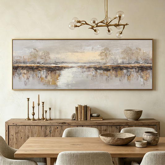 Large Panoramic Vintage Autumn Landscape Canvas Wall Art Neutral Beige Brown Gold Light Grey Tree Water Reflection Textured Painting for Modern Home Living Room Dining Hallway Bedroom Office Decor