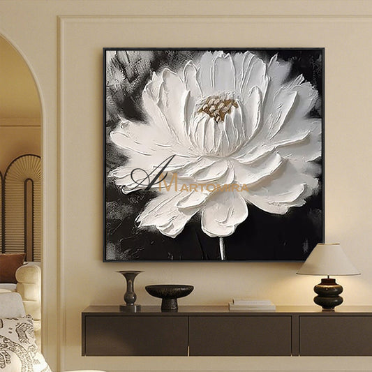 Lukisan Kanvas Bunga | Lukisan Bunga Putih | Seni Dinding Bertekstur | Seni Dinding Bunga Hitam Putih #MF022