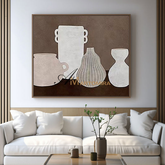 Seni Dinding Wabi Sabi | Seni Abstrak Minimalis | Seni Dinding Cokelat dan Krem | Lukisan Vas #MF003