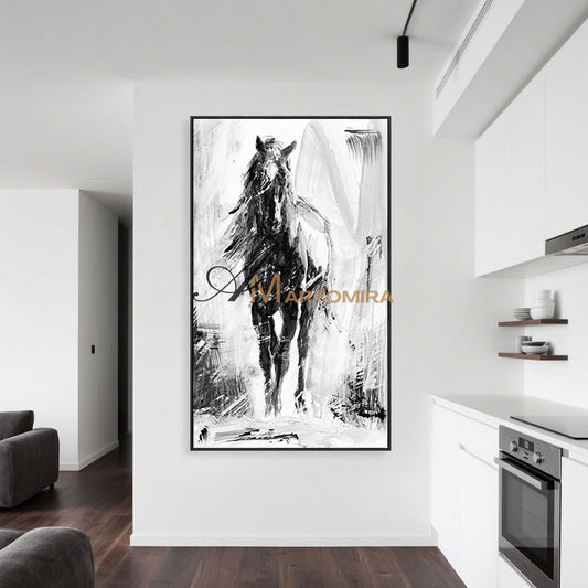 Pferde-Wandbild | Großes Pferde-Wandbild | Abstraktes Schwarz-Weiß-Gemälde | Wanddekoration #MF039