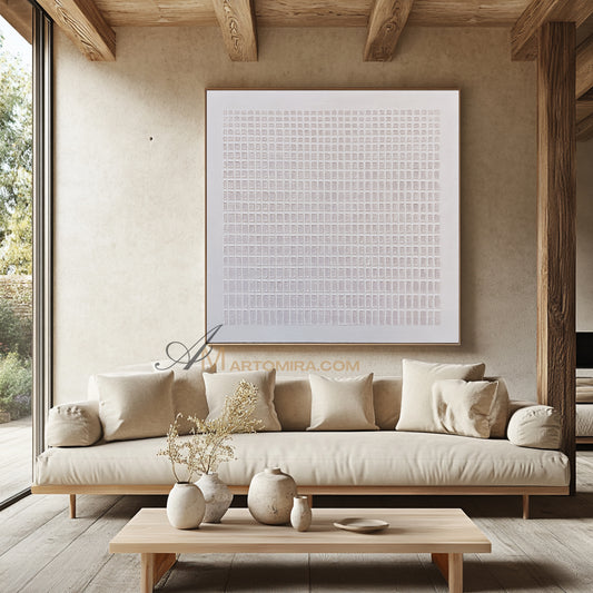 Wabi-Sabi Minimalist White Textured Painting | Modern Geometric Grid Canvas | Serene Abstract Wall Art | Minimal Home Decor