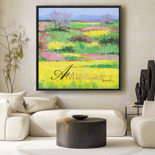 Seni Lanskap Hijau dengan Padang Rumput Kuning dan Tekstur Impasto