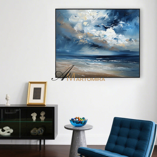 Seni Dinding Laut | Lukisan Lanskap Biru | Seni Dinding Kanvas Abstrak Besar | Seni Dinding Akrilik #POS143