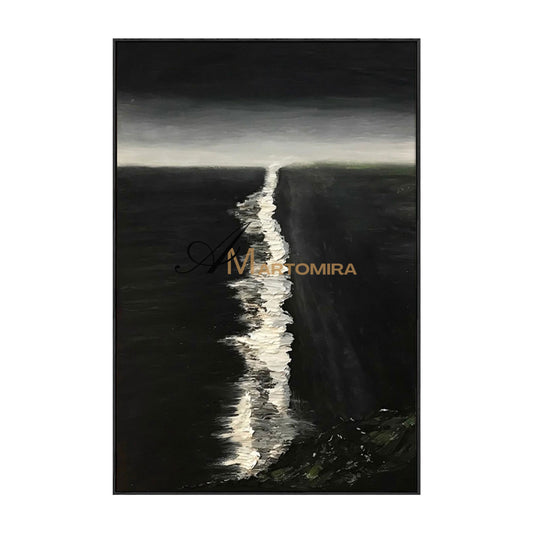 Lukisan Minyak Abstrak | Lukisan Ombak | Seni Dinding Hitam Putih Besar | Seni Modern #MF043