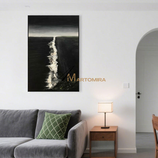 Lukisan Minyak Abstrak | Lukisan Ombak | Seni Dinding Hitam Putih Besar | Seni Modern #MF043
