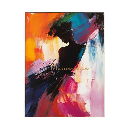 Dipinto astratto su tela con silhouette colorata di donna