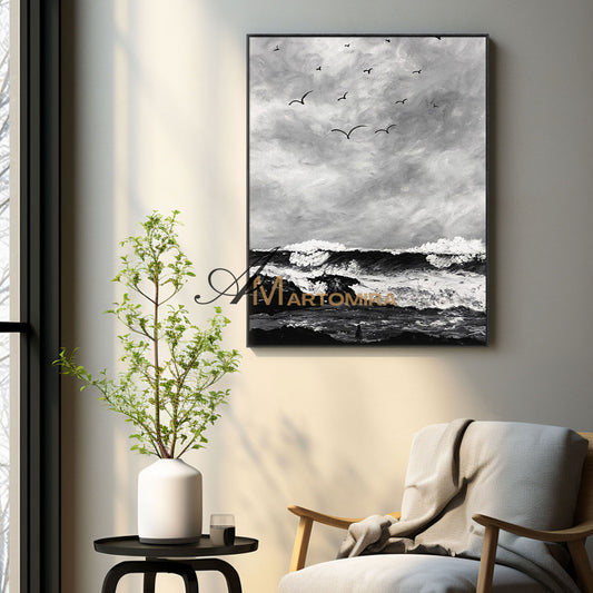 The Wave Painting | Beach Paintings On Canvas | Large Landscape Wall Art | Black And White Wall Art #MF51