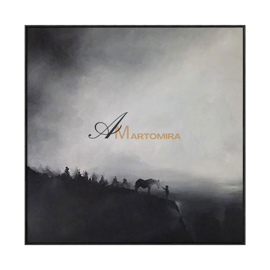 Landscape Wall Art | Horse Paintings On Canvas | Black And White Landscape Painting | Modern Art #MF058
