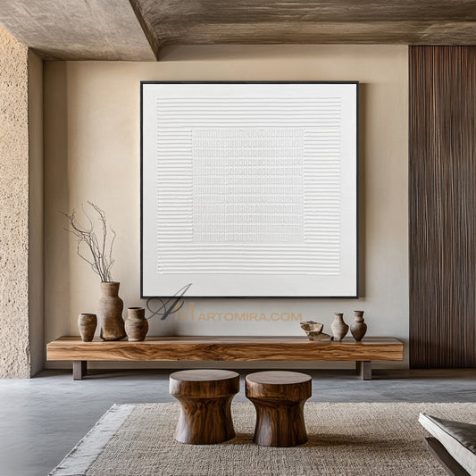 Wabi-Sabi Minimalist White Textured Painting | Modern Geometric Line Canvas | Serene Abstract Wall Art | Minimal Home Decor