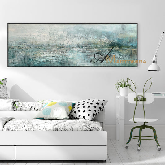 Abstract Landscape Painting | Large Panoramic Wall Art | Green And Blue Abstract Painting #NY013