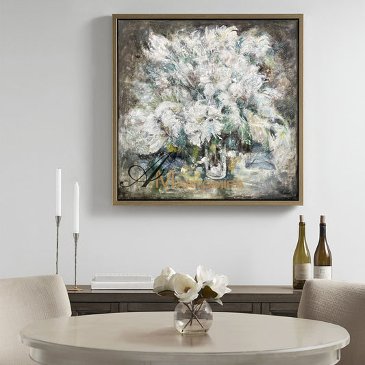 Wandbild mit weißen Blumen | Abstraktes Blumenbild | Extra großes Blumenwandbild #NY020