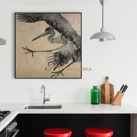 Airone in volo, miglior dipinto di animali a carboncino e beige