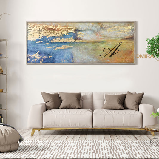 Seni Dinding Horizontal Besar | Cat Akrilik Emas | Seni Dinding Kanvas Abstrak Besar | Seni Dinding Abstrak #SH009