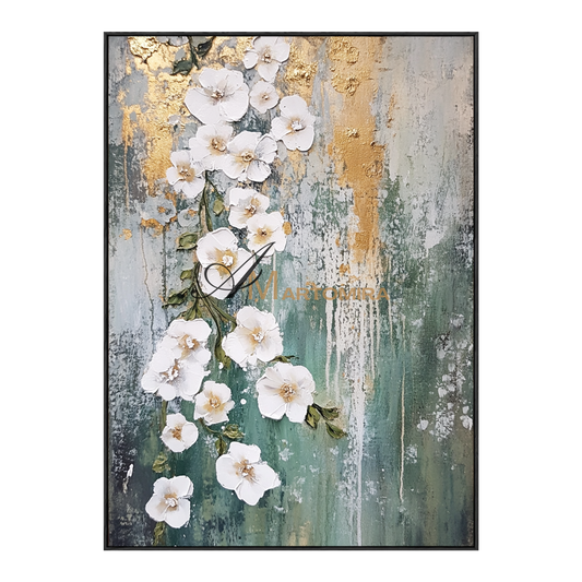 Floral Painting Acrylic | Abstract Flowers Wall Art | Green And Gold Abstract Painting #CF112