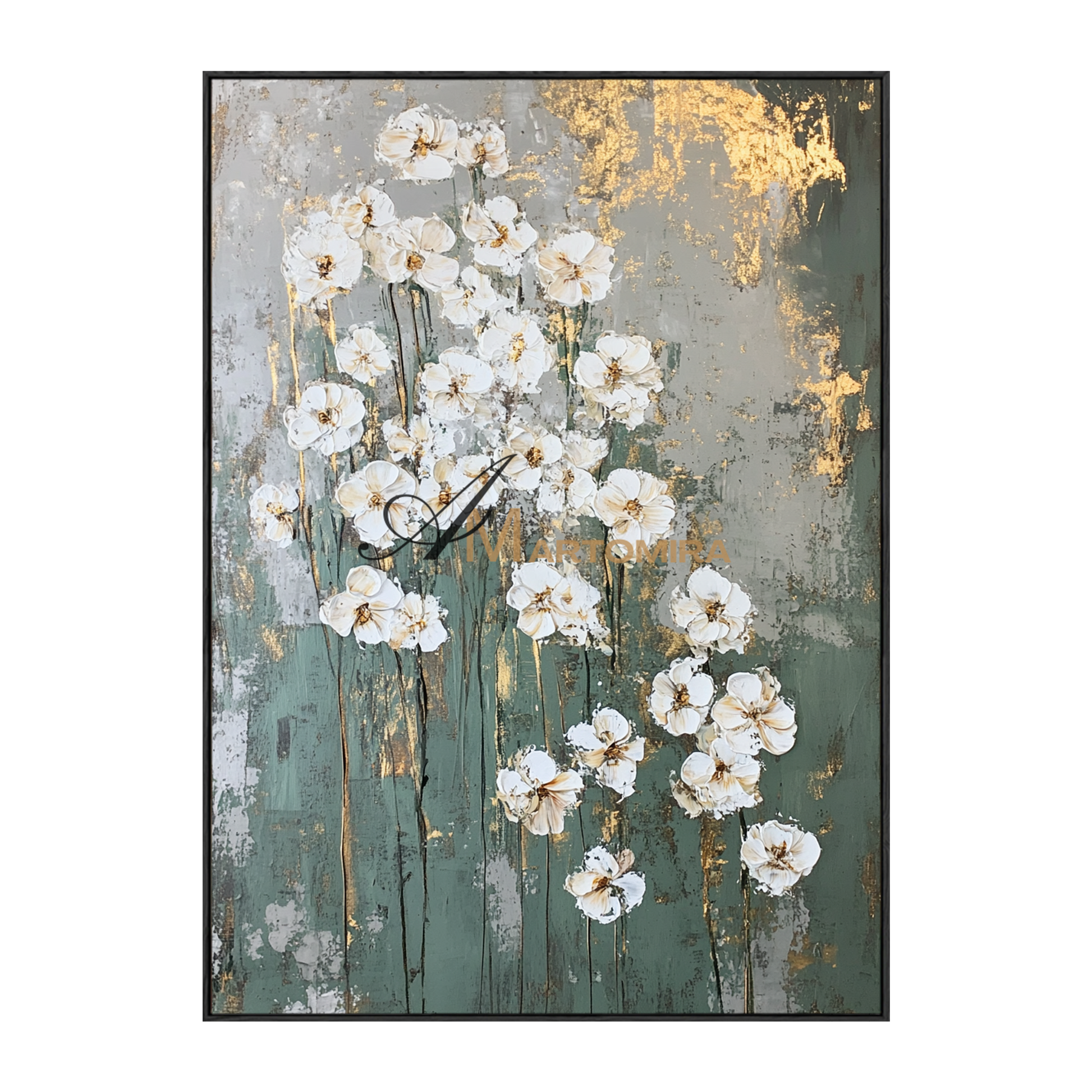 Floral Painting Acrylic | Abstract Flowers Wall Art | Green And Gold Abstract Painting #CF105