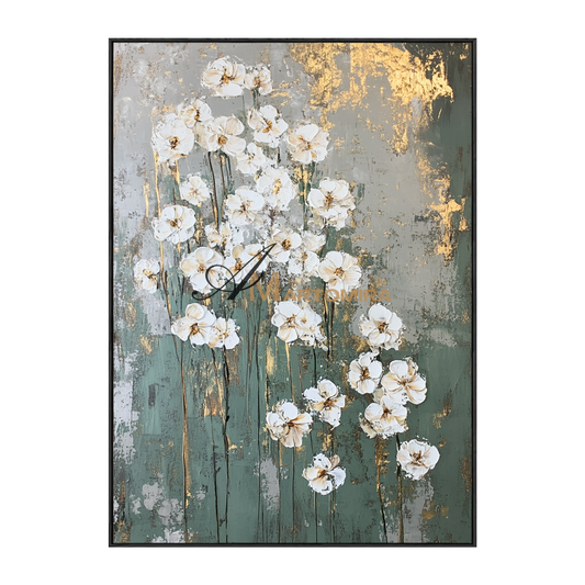 Floral Painting Acrylic | Abstract Flowers Wall Art | Green And Gold Abstract Painting #CF105