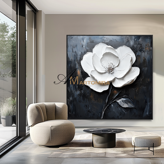 Floral Wall Art | White Textured Wall Art | Large Black And White Wall Art | Abstract Textured Wall Art #CF116