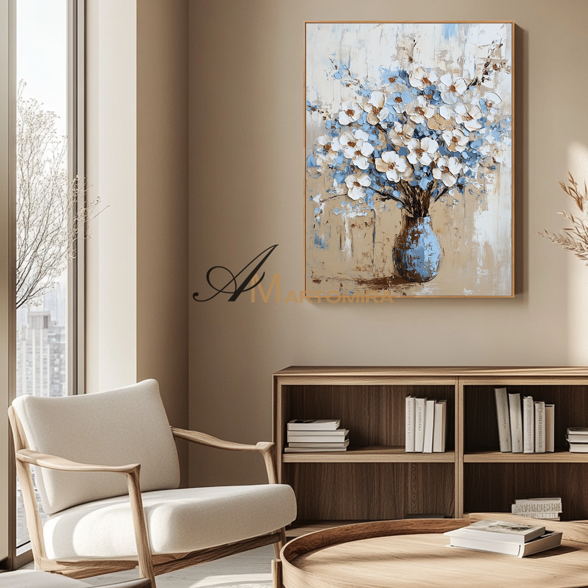 Flower Canvas Painting | Textured Wall Art | Bedroom Wall Art | Blue Floral Canvas Wall Art #CF118