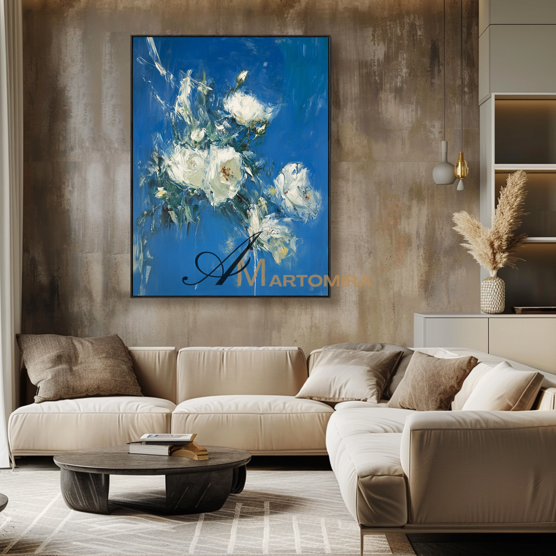 Abstract Flower Paintings | White Rose Wall Art | Blue Floral Wall Art | Canvas Wall Decor #CF104